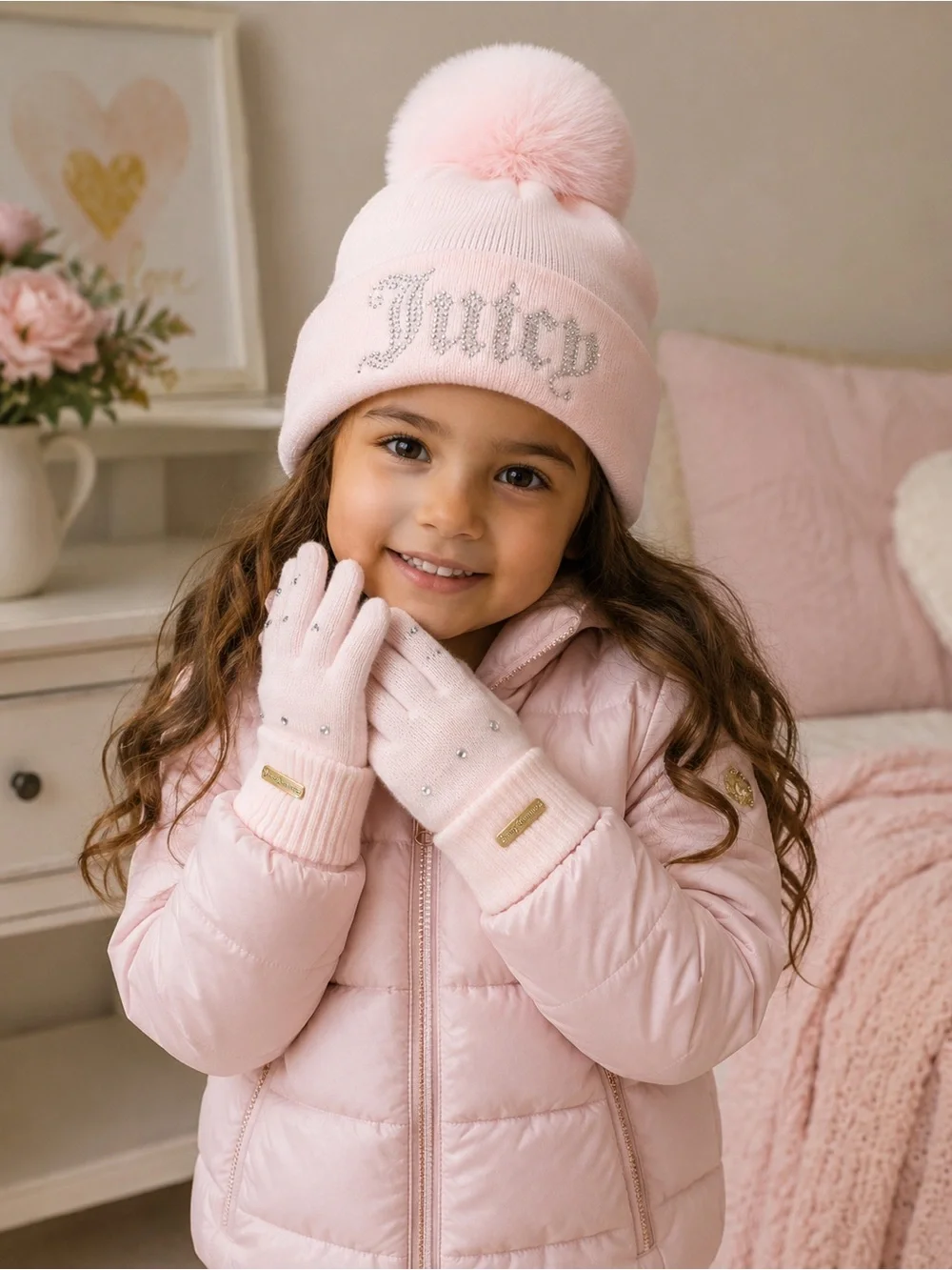 Juicy‎ Couture Light Pink Pom Pom Beanie Kids Hat and Glove Set - New
